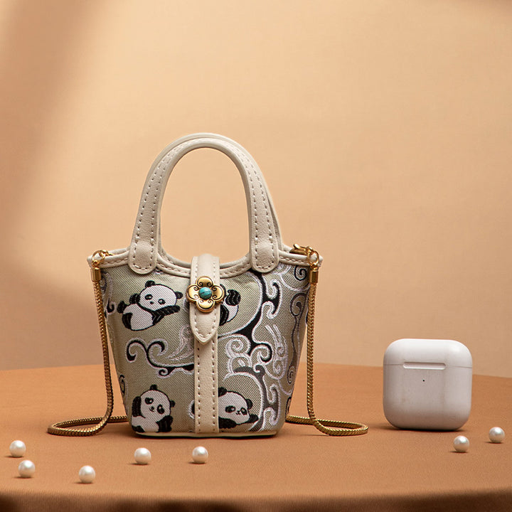 Panda Silk Mini Tote Bag Brocade Crossbody Chain Handbag Chinoiserie Top Handle Bag