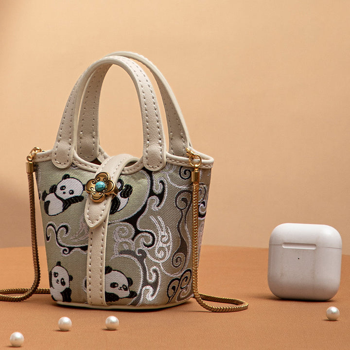 Panda Silk Mini Tote Bag Brocade Crossbody Chain Handbag Chinoiserie Top Handle Bag