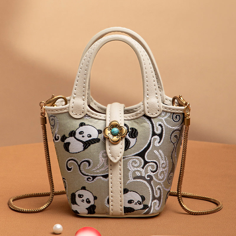 Panda Silk Mini Tote Bag Brocade Crossbody Chain Handbag Chinoiserie Top Handle Bag