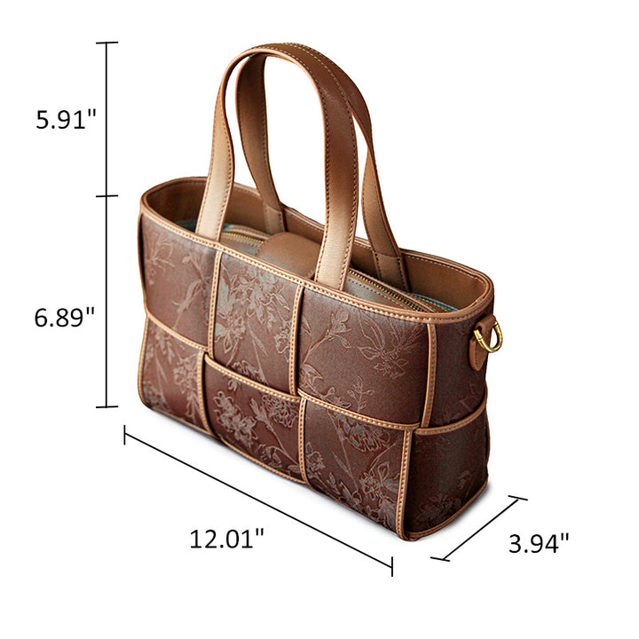 Xiangyunsha Silk Tote Bag Structured Top-Handle Leather Handbag with Removable Pouch