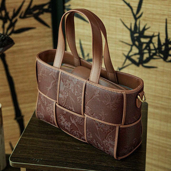 Xiangyunsha Silk Tote Bag Structured Top-Handle Leather Handbag with Removable Pouch