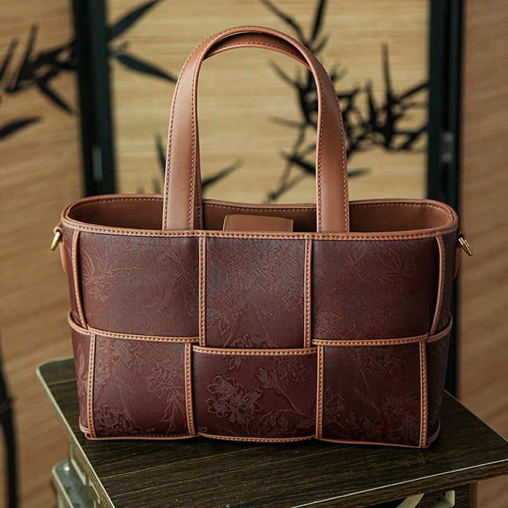 Xiangyunsha Silk Tote Bag Structured Top-Handle Leather Handbag with Removable Pouch