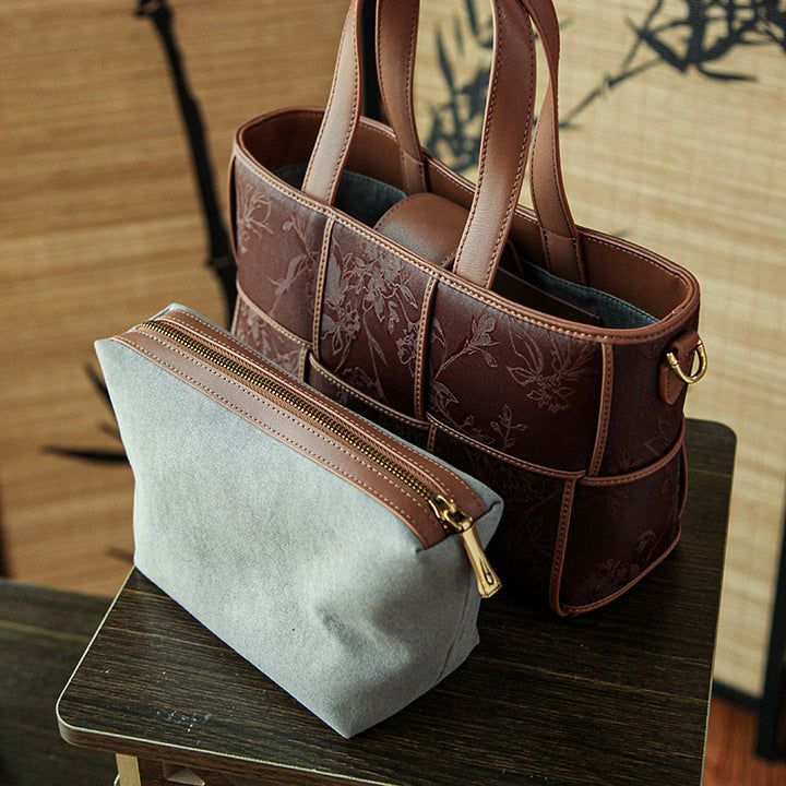 Xiangyunsha Silk Tote Bag Structured Top-Handle Leather Handbag with Removable Pouch