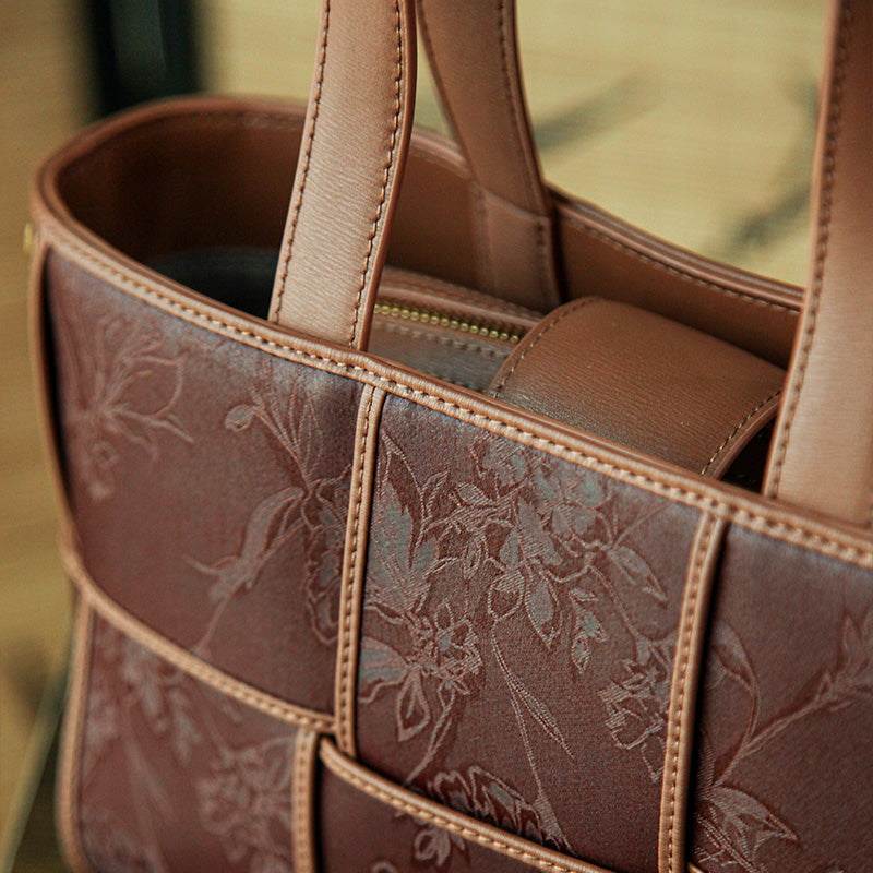 Xiangyunsha Silk Tote Bag Structured Top-Handle Leather Handbag with Removable Pouch