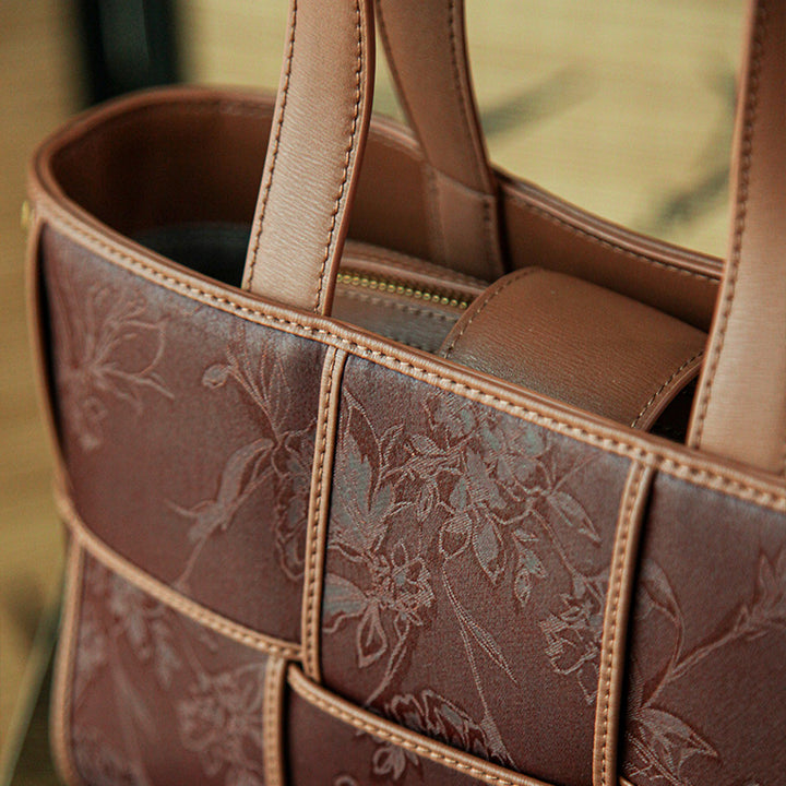 Xiangyunsha Silk Tote Bag Structured Top-Handle Leather Handbag with Removable Pouch
