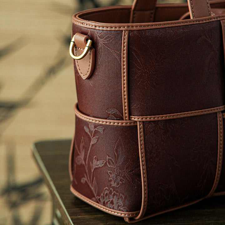 Xiangyunsha Silk Tote Bag Structured Top-Handle Leather Handbag with Removable Pouch
