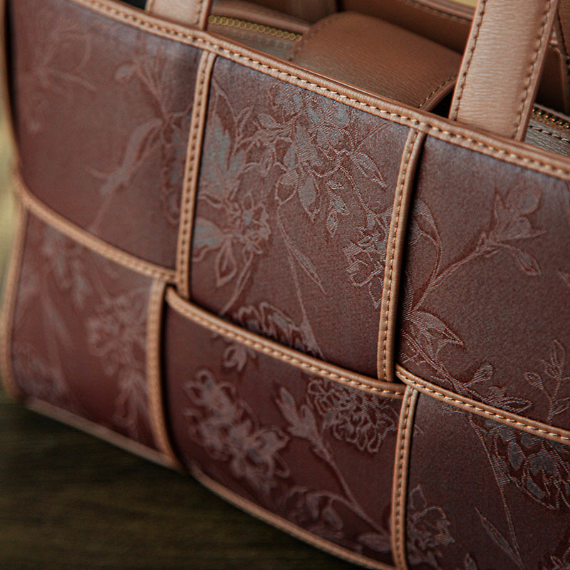 Xiangyunsha Silk Tote Bag Structured Top-Handle Leather Handbag with Removable Pouch