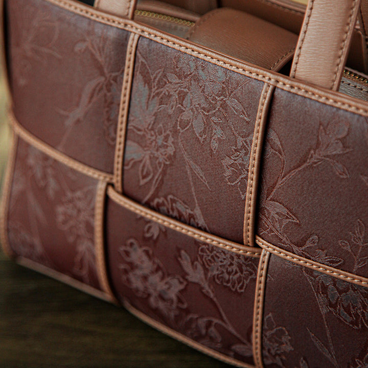 Xiangyunsha Silk Tote Bag Structured Top-Handle Leather Handbag with Removable Pouch