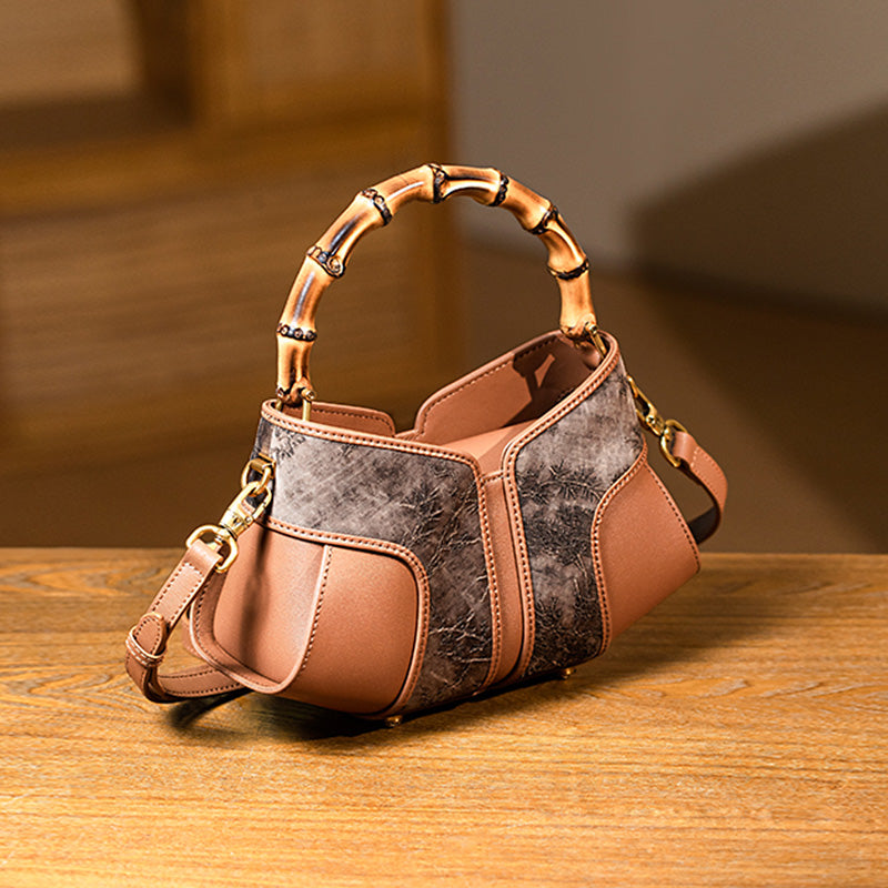Bamboo Handle Silk Brocade Mini Bag Chinese Style Top Handle Crossbody