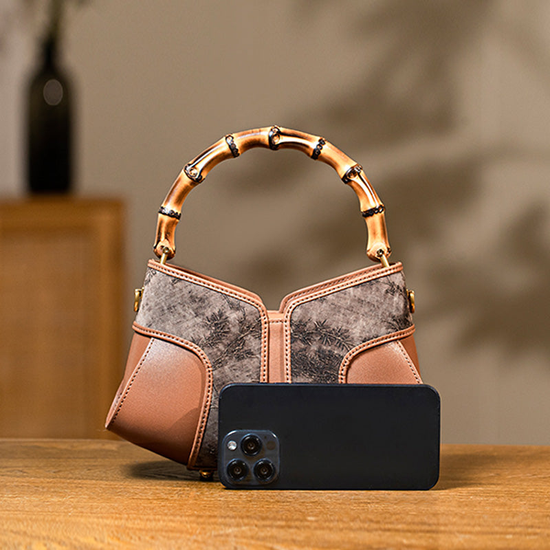 Bamboo Handle Silk Brocade Mini Bag Chinese Style Top Handle Crossbody