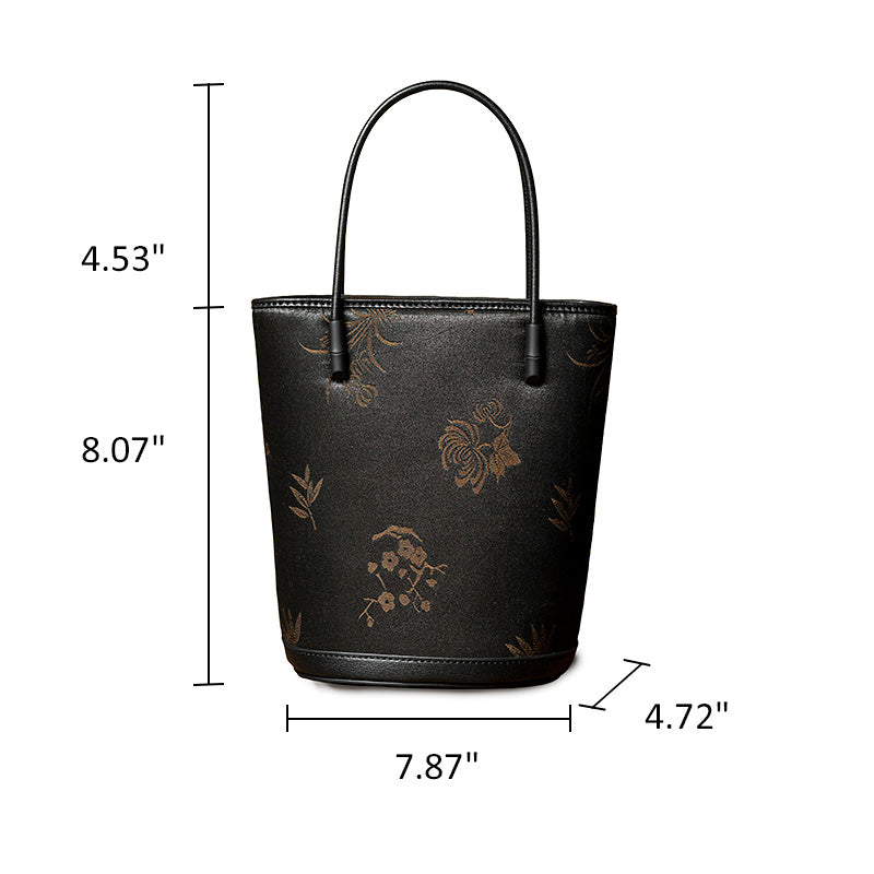 Black Mulberry Silk Bucket Bag Xiangyunsha Leather Crossbody Handbag for Women