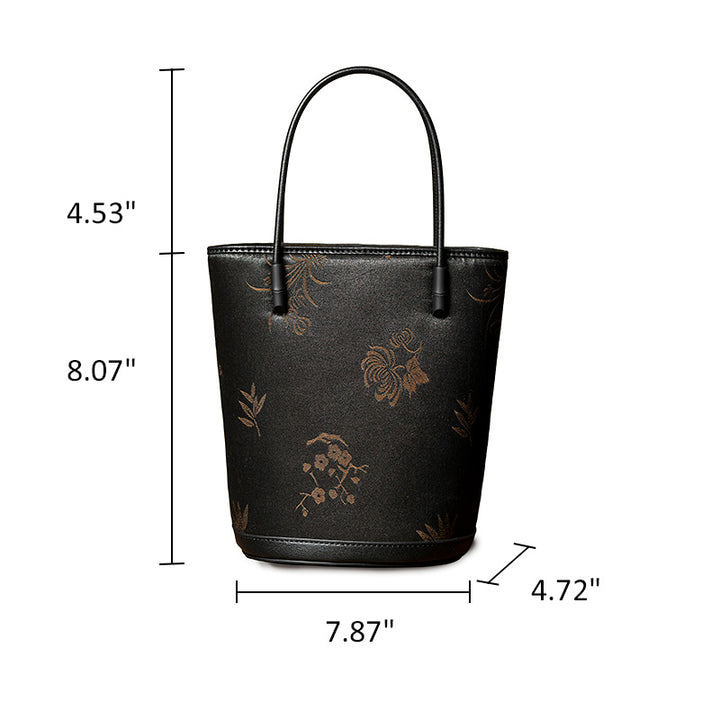 Black Mulberry Silk Bucket Bag Xiangyunsha Leather Crossbody Handbag for Women
