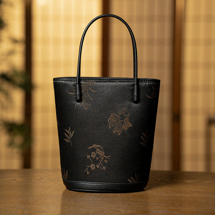 Black Mulberry Silk Bucket Bag Xiangyunsha Leather Crossbody Handbag for Women