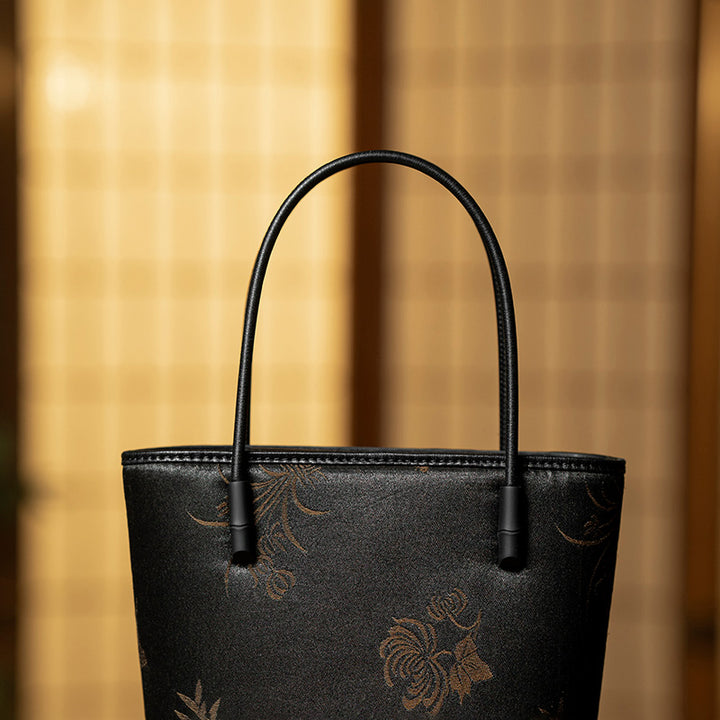 Black Mulberry Silk Bucket Bag Xiangyunsha Leather Crossbody Handbag for Women