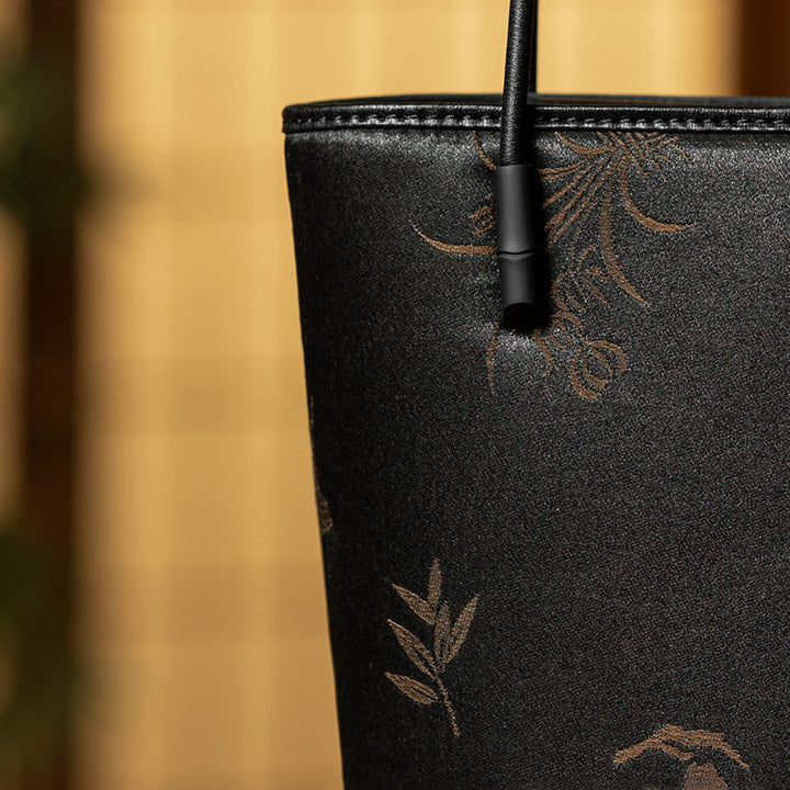 Black Mulberry Silk Bucket Bag Xiangyunsha Leather Crossbody Handbag for Women