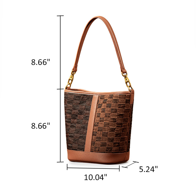 Coffee Bucket Bag Cowhide Leather Woven Style Medium Crossbody Travel Shoulder Bag