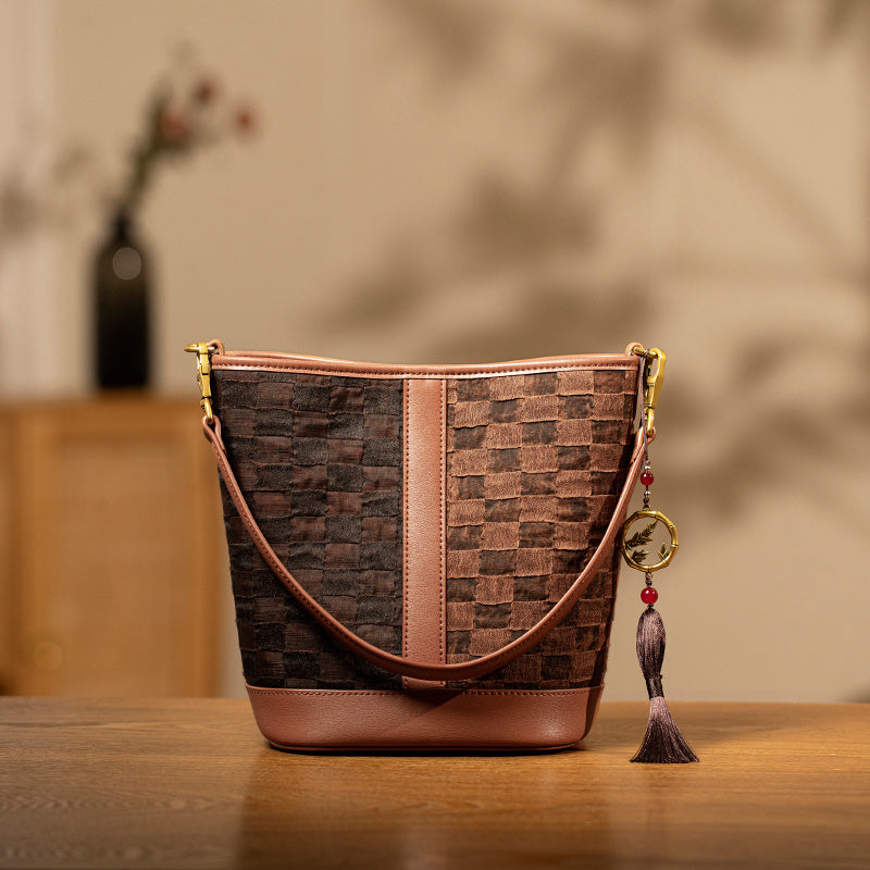 Coffee Bucket Bag Cowhide Leather Woven Style Medium Crossbody Travel Shoulder Bag