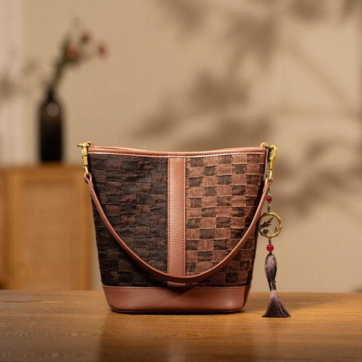 Coffee Bucket Bag Cowhide Leather Woven Style Medium Crossbody Travel Shoulder Bag