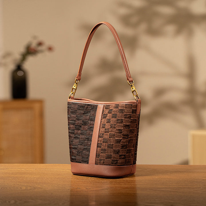 Coffee Bucket Bag Cowhide Leather Woven Style Medium Crossbody Travel Shoulder Bag