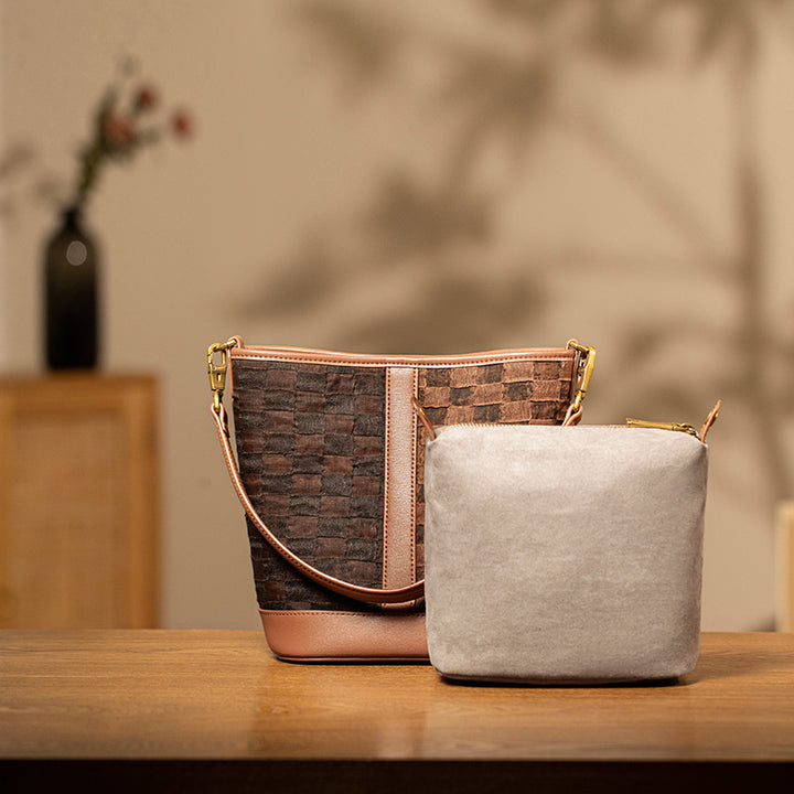 Coffee Bucket Bag Cowhide Leather Woven Style Medium Crossbody Travel Shoulder Bag
