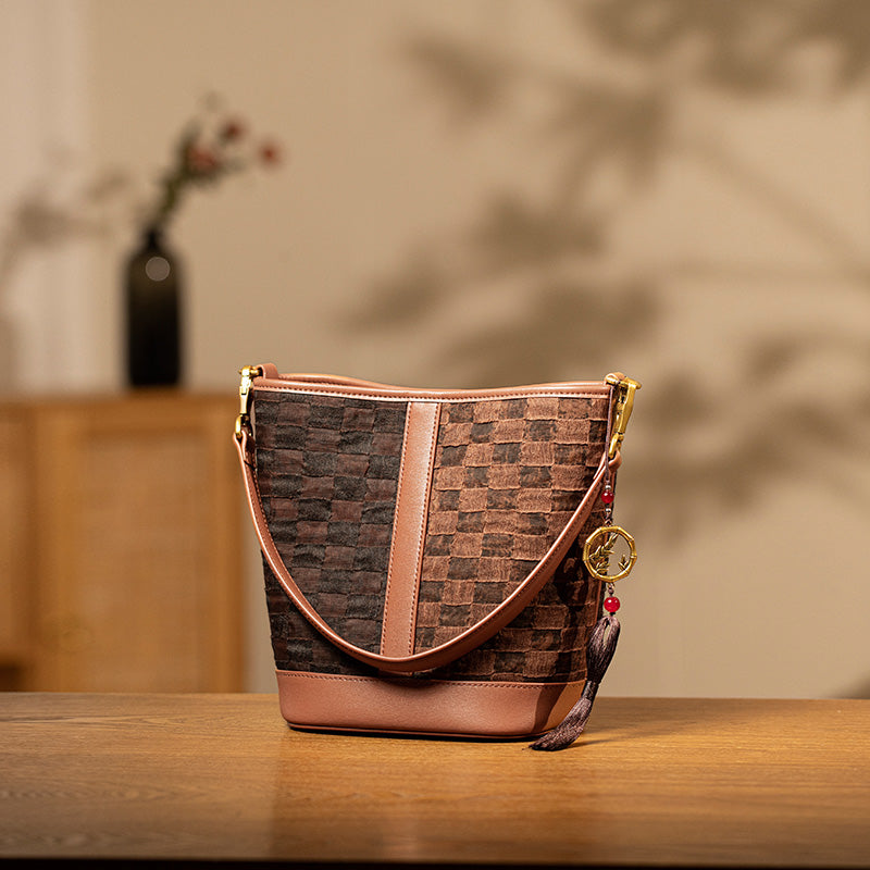 Coffee Bucket Bag Cowhide Leather Woven Style Medium Crossbody Travel Shoulder Bag