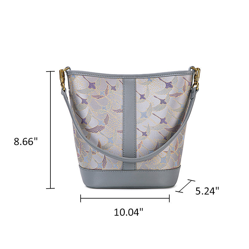 Leather Work Bag in Silk Brocade Gray Blue Convertible Bucket Bag