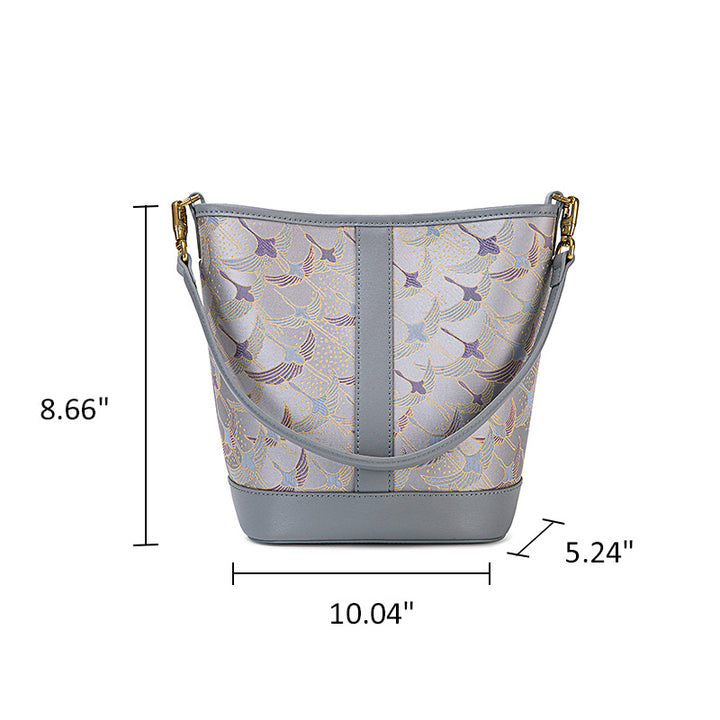 Leather Work Bag in Silk Brocade Gray Blue Convertible Bucket Bag