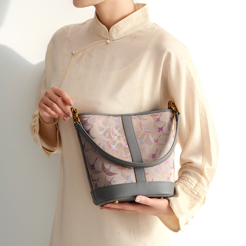 Leather Work Bag in Silk Brocade Gray Blue Convertible Bucket Bag