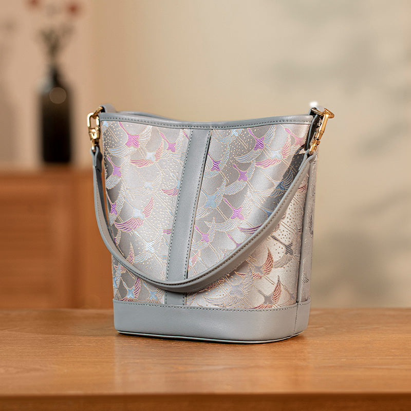 Leather Work Bag in Silk Brocade Gray Blue Convertible Bucket Bag