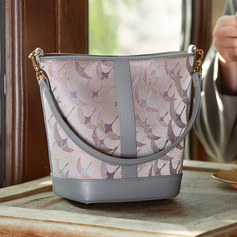 Leather Work Bag in Silk Brocade Gray Blue Convertible Bucket Bag