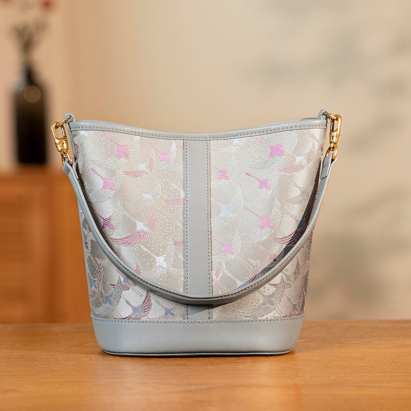 Leather Work Bag in Silk Brocade Gray Blue Convertible Bucket Bag