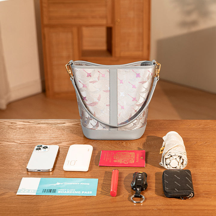 Leather Work Bag in Silk Brocade Gray Blue Convertible Bucket Bag
