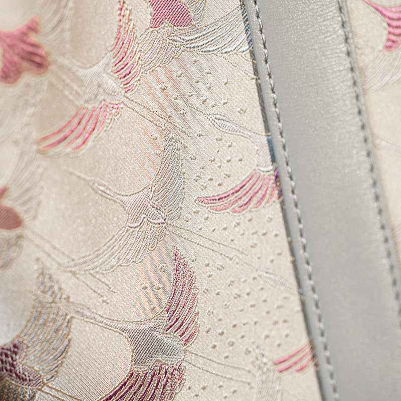 Leather Work Bag in Silk Brocade Gray Blue Convertible Bucket Bag