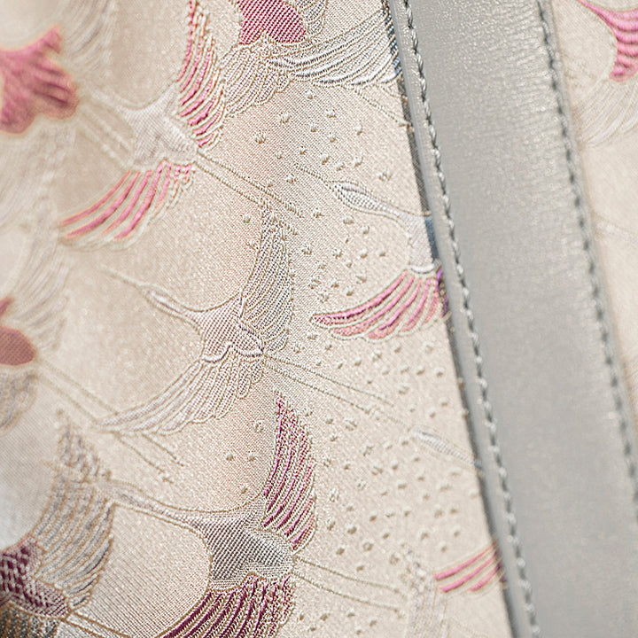 Leather Work Bag in Silk Brocade Gray Blue Convertible Bucket Bag