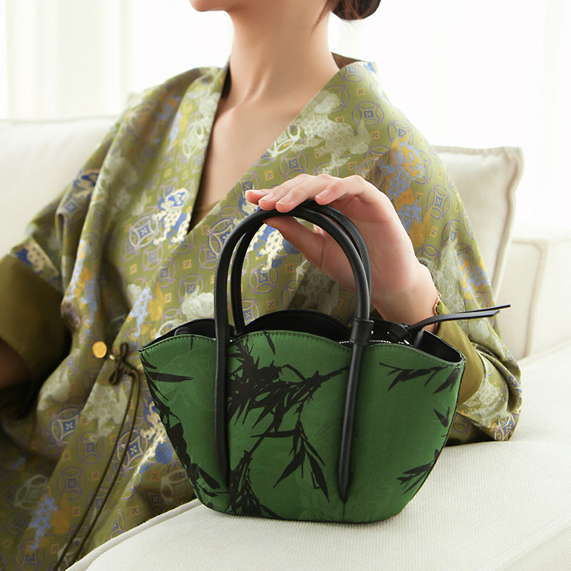 Chinoiserie Silk Mini Tote Bag Mulberry Silk Top Handle Handbag with Crossbody Strap