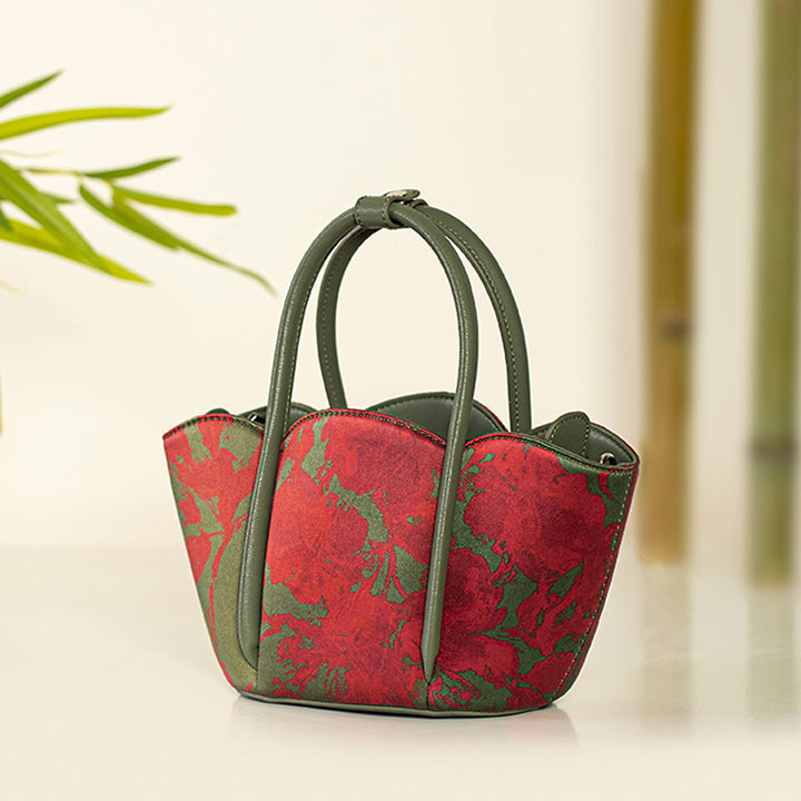 Chinoiserie Silk Mini Tote Bag Mulberry Silk Top Handle Handbag with Crossbody Strap