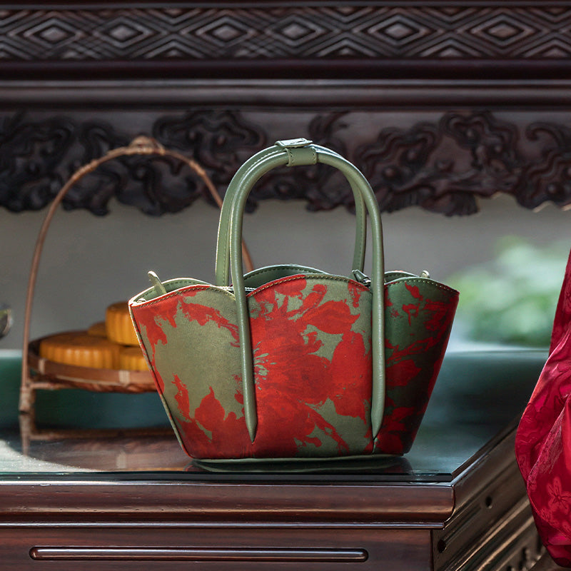 Chinoiserie Silk Mini Tote Bag Mulberry Silk Top Handle Handbag with Crossbody Strap