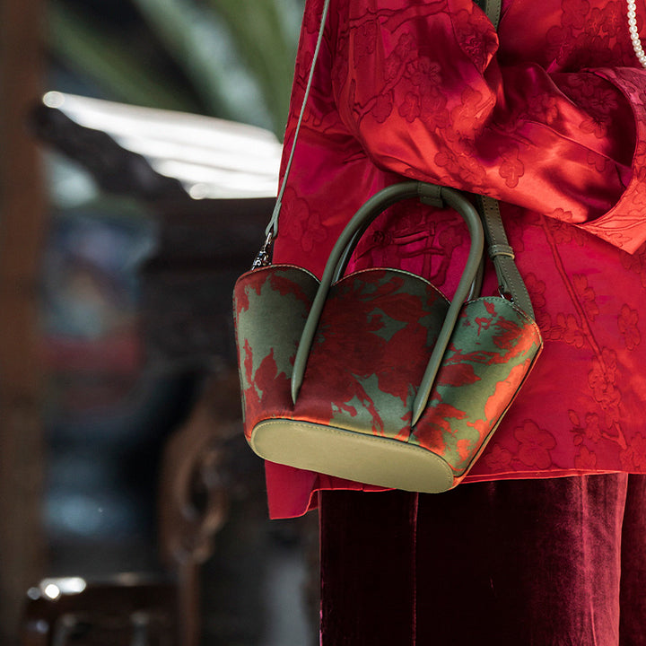 Chinoiserie Silk Mini Tote Bag Mulberry Silk Top Handle Handbag with Crossbody Strap