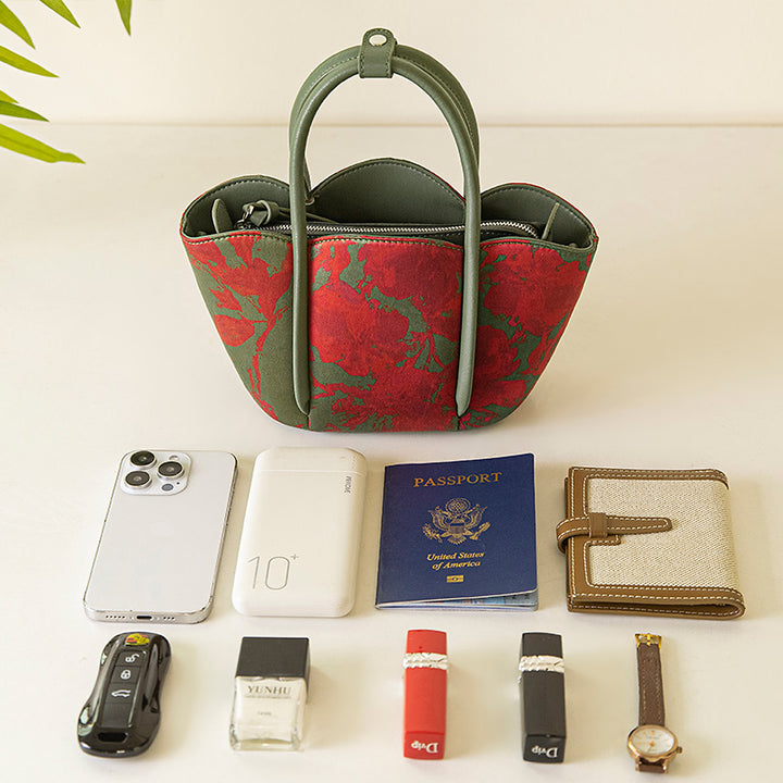 Chinoiserie Silk Mini Tote Bag Mulberry Silk Top Handle Handbag with Crossbody Strap