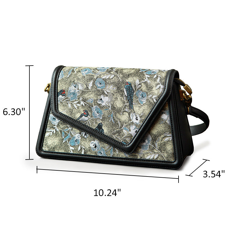 Song Brocade Envelope Crossbody Bag Floral Bird Silk &amp; Leather