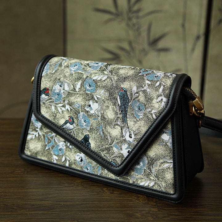 Song Brocade Envelope Crossbody Bag Floral Bird Silk &amp; Leather
