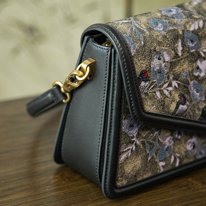 Song Brocade Envelope Crossbody Bag Floral Bird Silk &amp; Leather