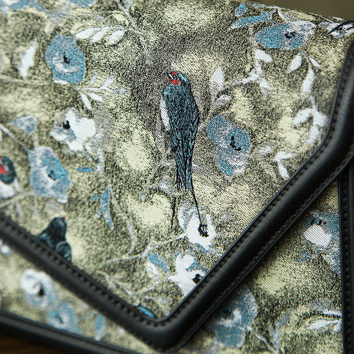 Song Brocade Envelope Crossbody Bag Floral Bird Silk &amp; Leather