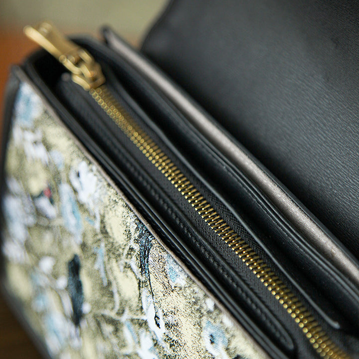 Song Brocade Envelope Crossbody Bag Floral Bird Silk &amp; Leather