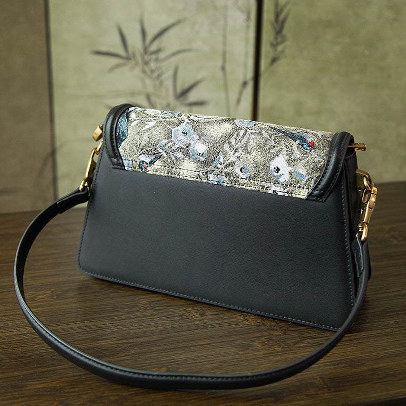 Song Brocade Envelope Crossbody Bag Floral Bird Silk &amp; Leather