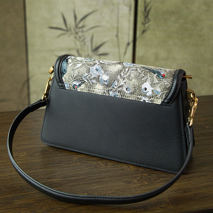 Song Brocade Envelope Crossbody Bag Floral Bird Silk &amp; Leather
