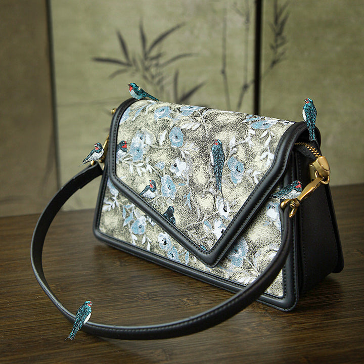 Song Brocade Envelope Crossbody Bag Floral Bird Silk &amp; Leather