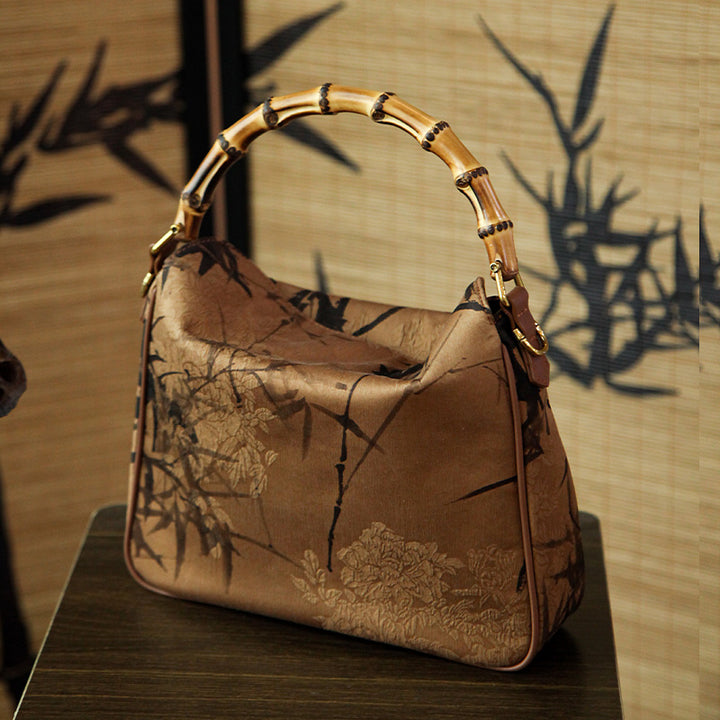 Heritage Mulberry Silk Bamboo Handle Bag Chinese Jacquard Top Handle Purse