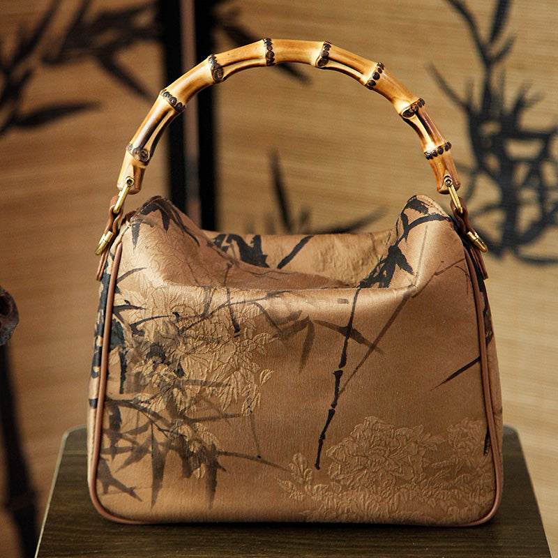 Heritage Mulberry Silk Bamboo Handle Bag Chinese Jacquard Top Handle Purse