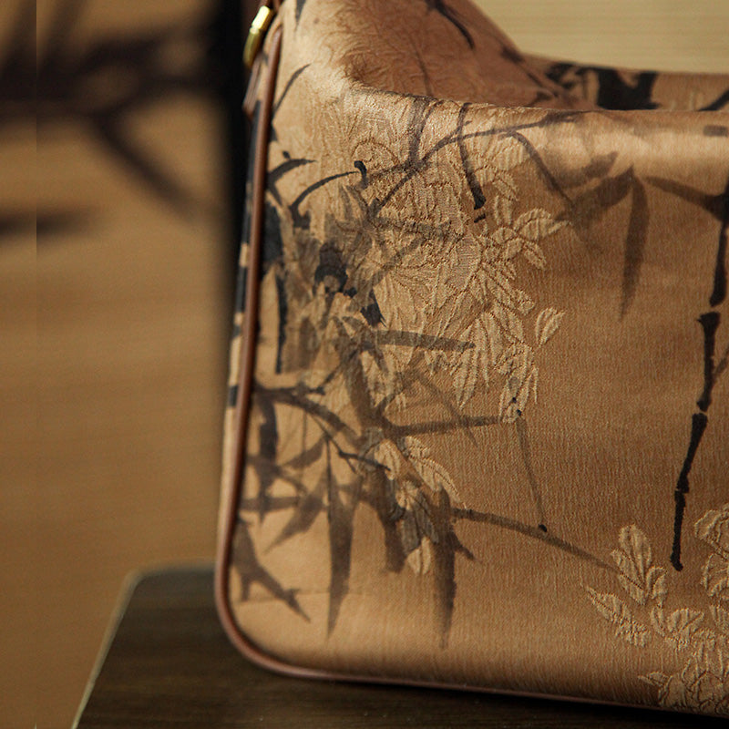 Heritage Mulberry Silk Bamboo Handle Bag Chinese Jacquard Top Handle Purse